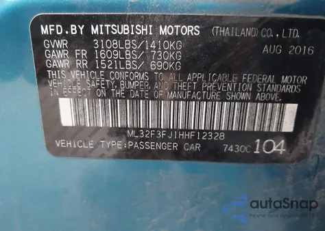 2017 Mitsubishi Mirage G4 Es z USA, uszkodzony, nr VIN ML32F3FJ1HHF12328